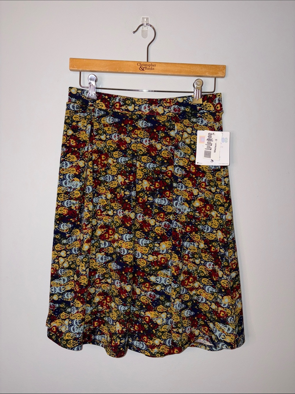 LuLaRoe A-Line Madison Skirt in Blue, Yellow, Red, Brown Floral Small